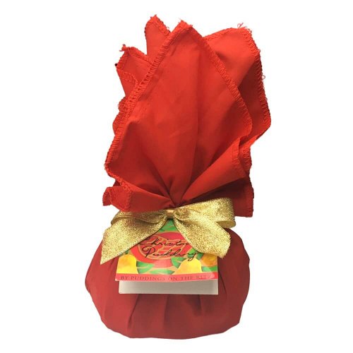 classic christmas pudding red  cloth gold ribbon